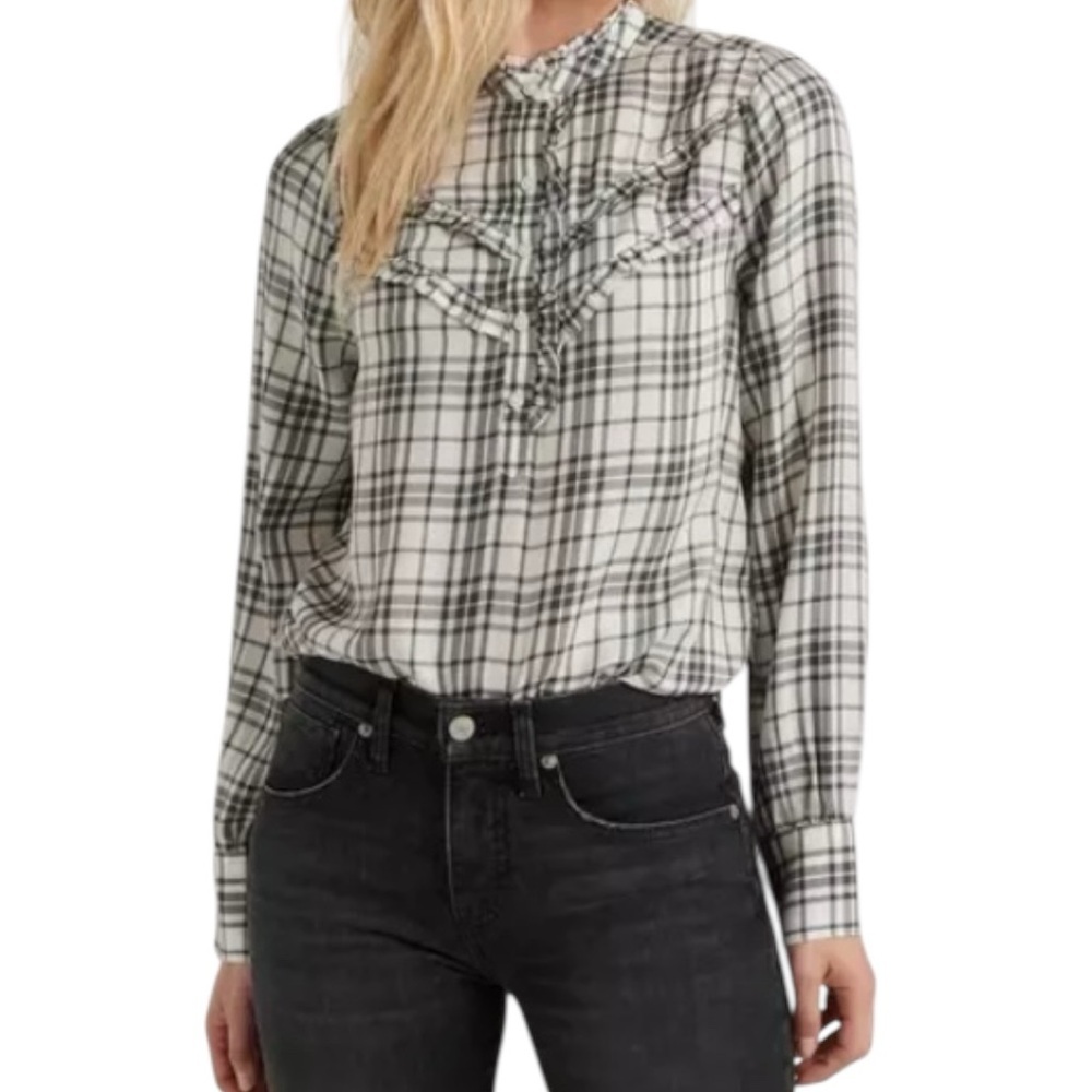 Lucky Brand Elsa Gray and White Plaid Ruffle Button-Down Shirt Women’s Size M
